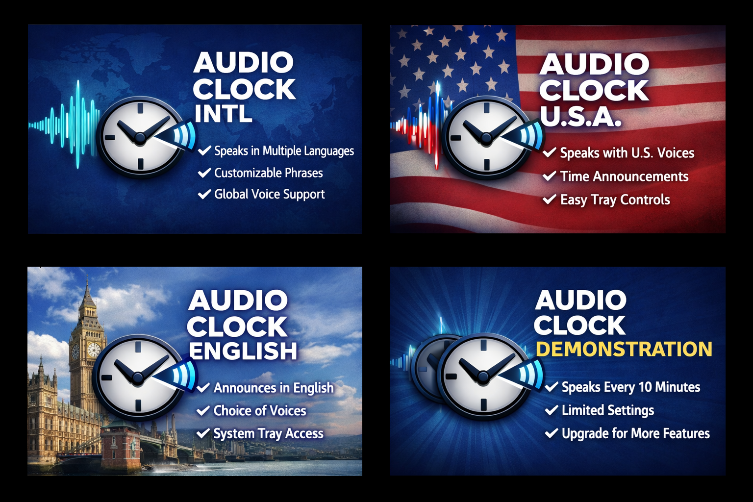 Audio Clock family artwork showing Demonstration, International, English, and U.S.A. editions