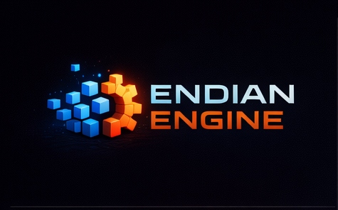 Endian Engine — gear and structured data blocks logo