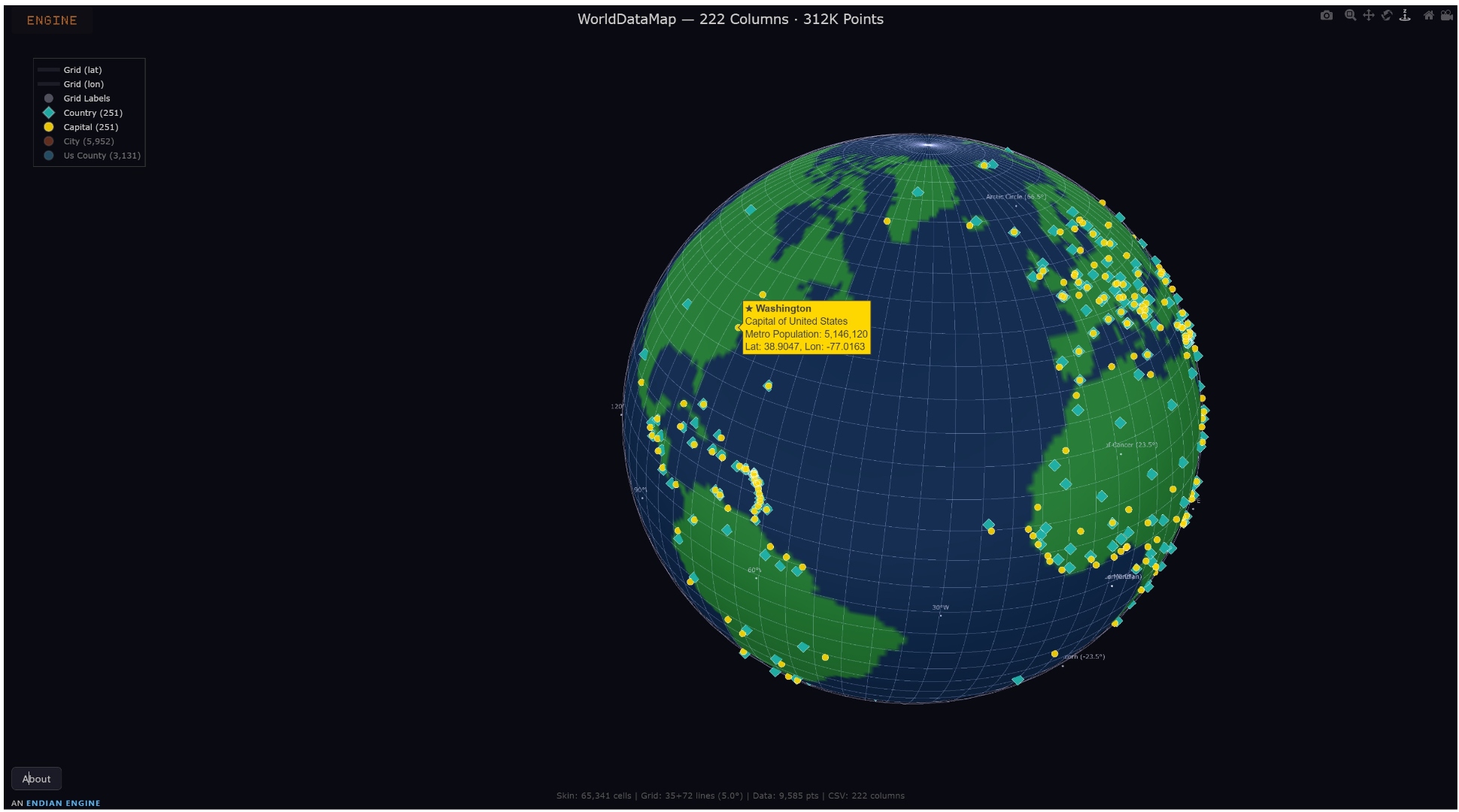 WorldDataMap 3D globe with data columns